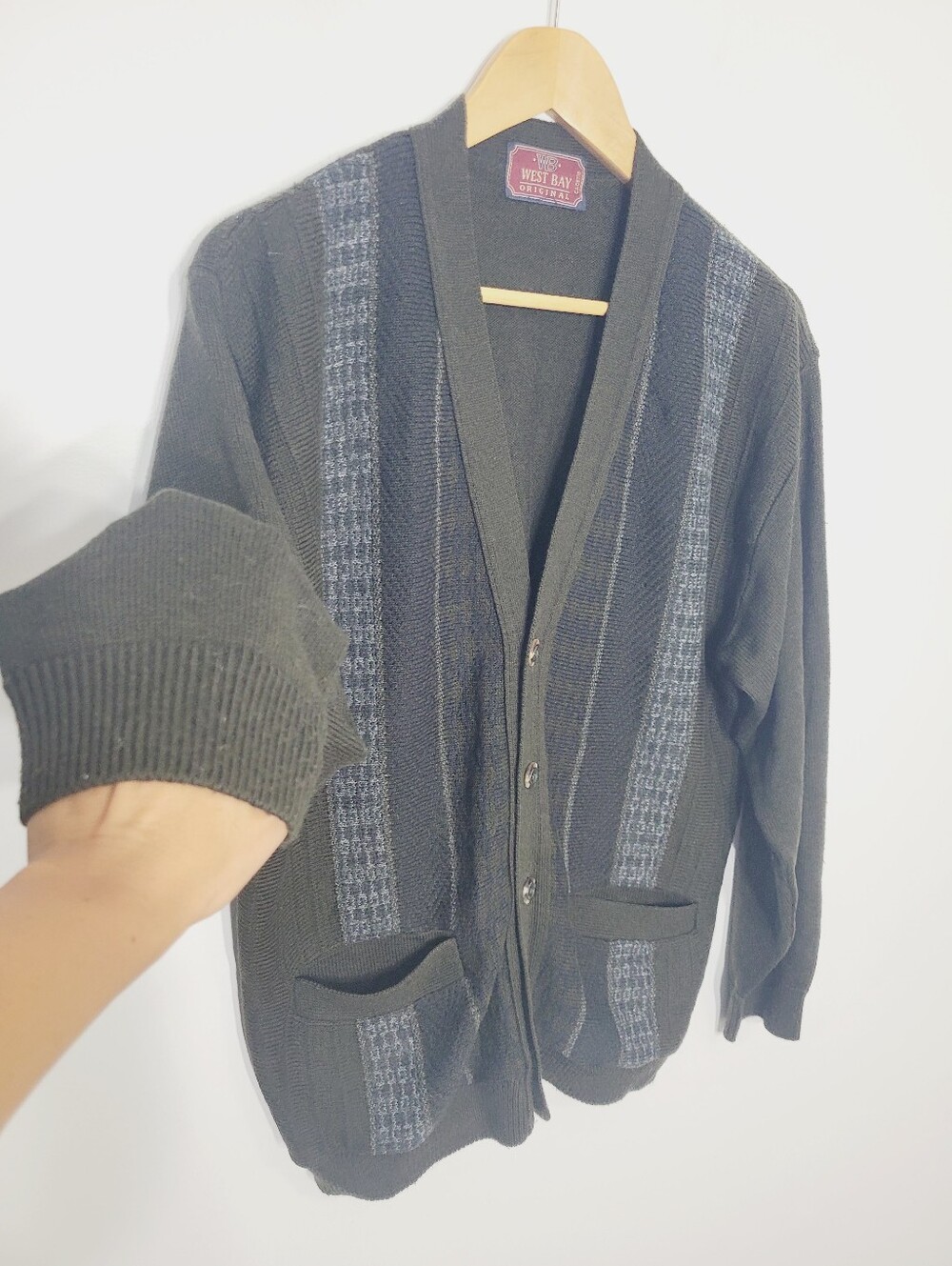 Vintage West Bay Green Blue Retro Grangpa Knitted Preppy Cardigan Pockets